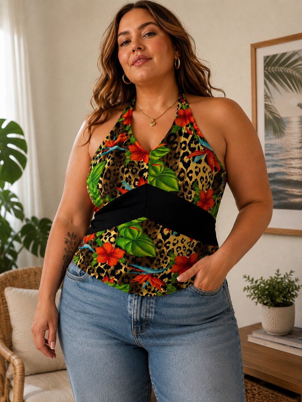 Y2K Leopard Tropical Halter Top Size 16